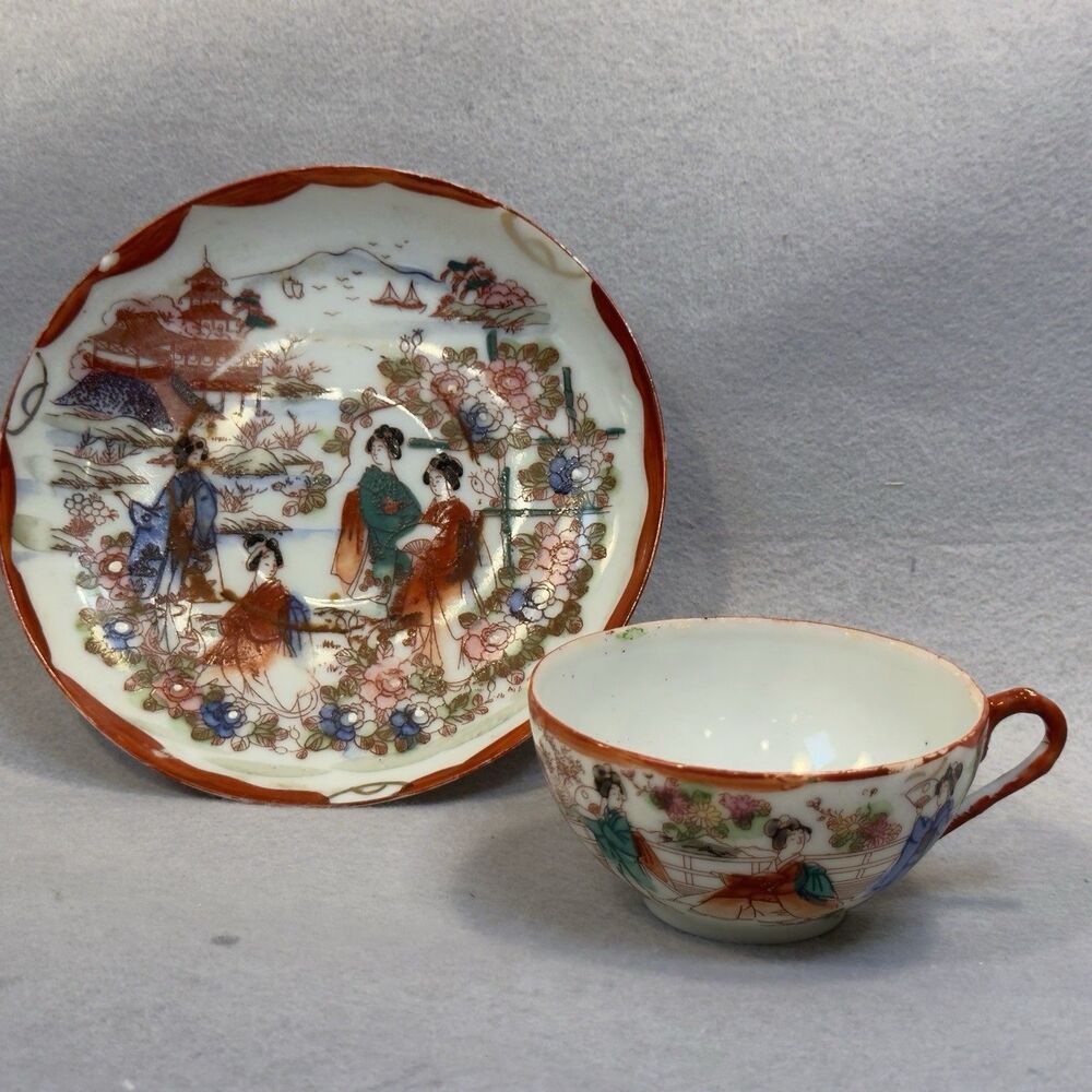 Vintage‎ Japanese Eggshell Porcelain Geisha Pagoda Tea Cup Saucer Orange Red